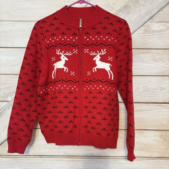 TALBOTS RED ZIP FRONT CARDIGAN - NORDIC DEER FAIR ISLE MP - Picture 2 of 7